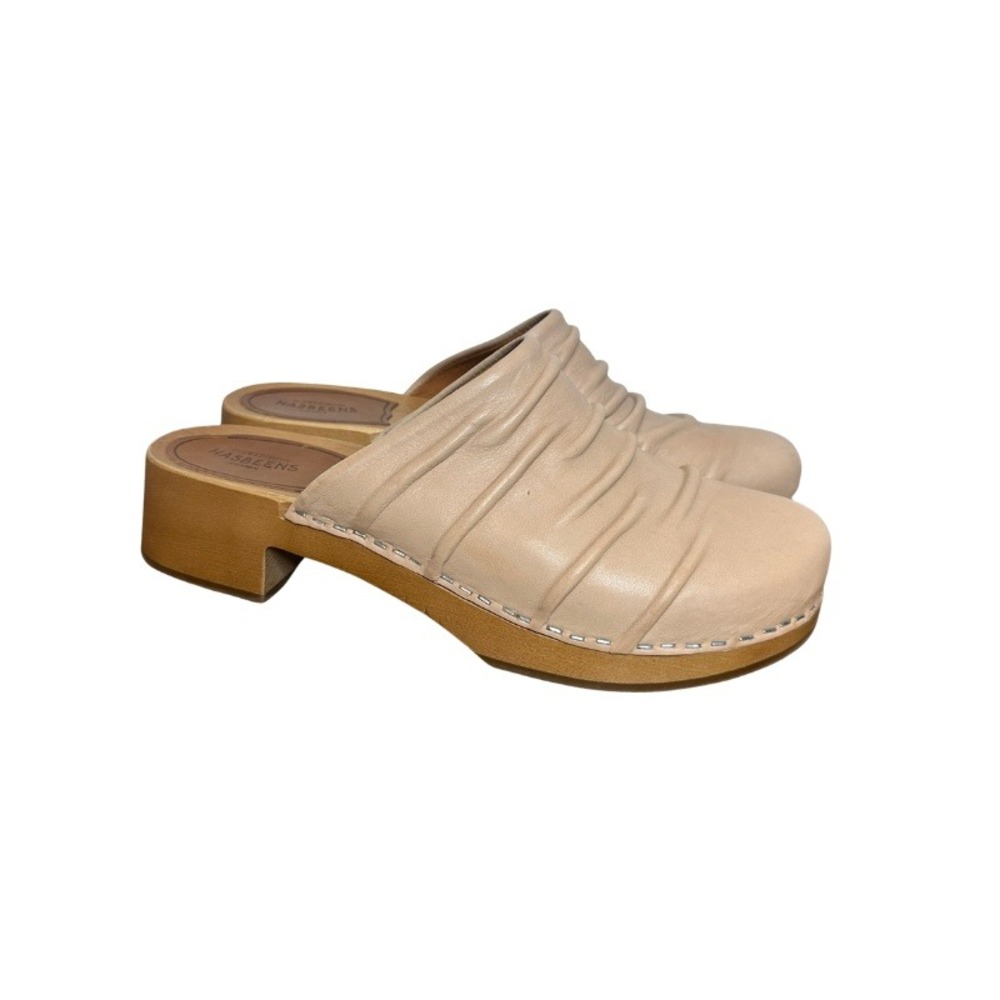 Swedish Hasbeens Wrinkled Slipper in Butter Beige Mule Wood Clogs Size 40 NWOT